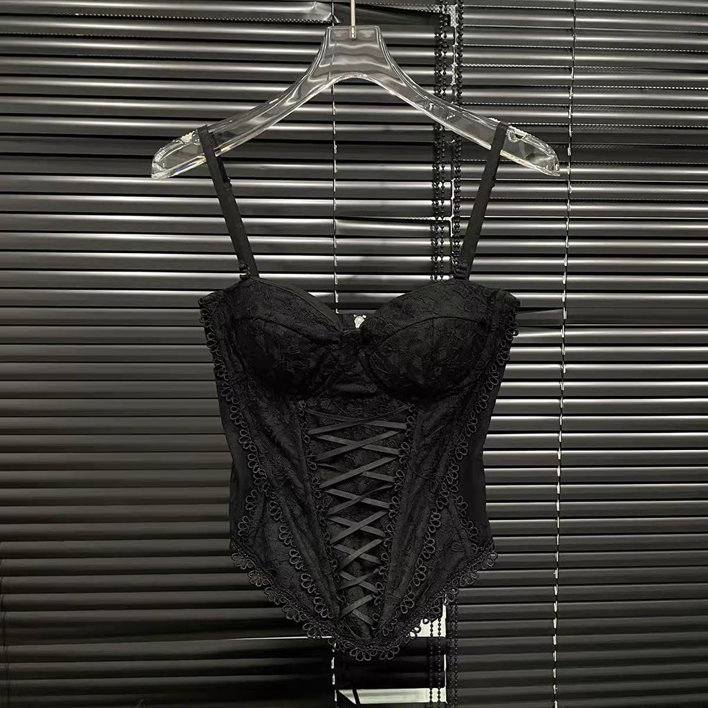 American-style sexy hot girl slim-fit fishbone camisole2025Spring and summer pure desire style lace strap waist-cinching tube top
