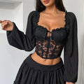 Cross-border e-commerce, Amazon, new semi-sheer lace eyelash-trimmed square neckline, stylish fishbone-patterned long sleeves T Shirt12089