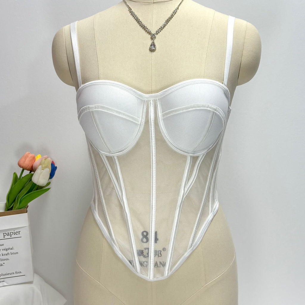 European and American style color-blocked fishbone corset top with mesh, sexy and stylish, slimming and figure-enhancing, with built-in bra