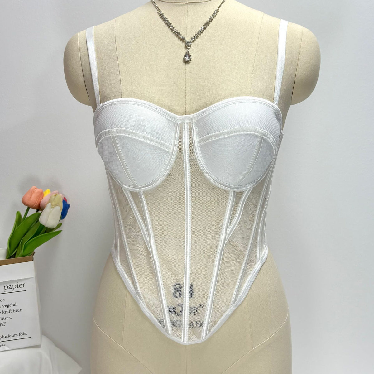 European and American style color-blocked fishbone corset top with mesh, sexy and stylish, slimming and figure-enhancing, with built-in bra
