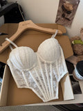 High-end fishbone corset, spaghetti strap, pleated lace cup, sexy tube top, asymmetrical hem, with chest pads, hook-and-eye closure