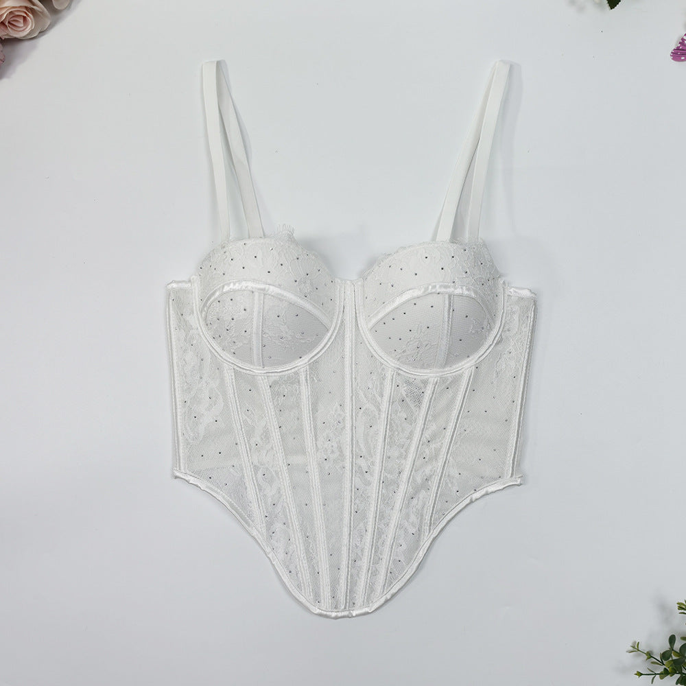 European and American style sexy lace and rhinestone-embellished camisole, designed to be worn as an outer garment, featuring a beautiful back design, mesh fabric, and a fishbone corset style