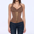 European and American cross-border mesh double-layered halter top, a stylish and figure-hugging piece, featuring a fishbone design and a high-end aesthetic, perfect as an inner layer or a fishbone corset