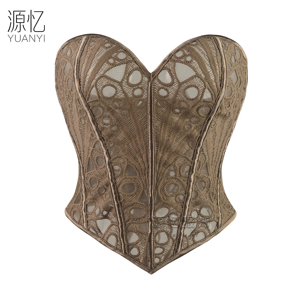 Vintage embroidered fishbone corset, khaki color v Waist-cinching, figure-flattering dress for street style, party, and photoshoots, worn with a corset underneath