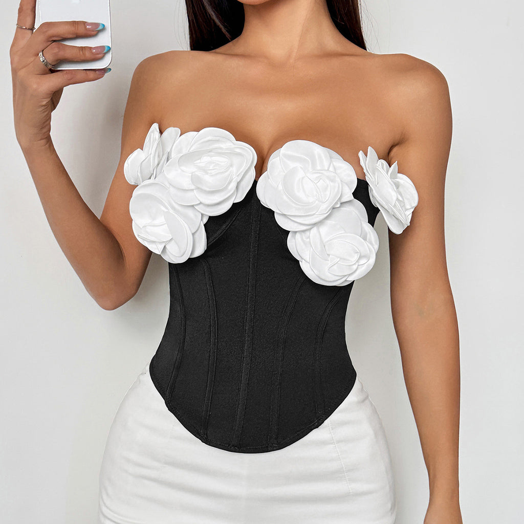 Cross-border foreign trade European and American sexy three-dimensional floral tube top, glamorous, slimming, and figure-enhancing, with underwire and fishbone design Y156