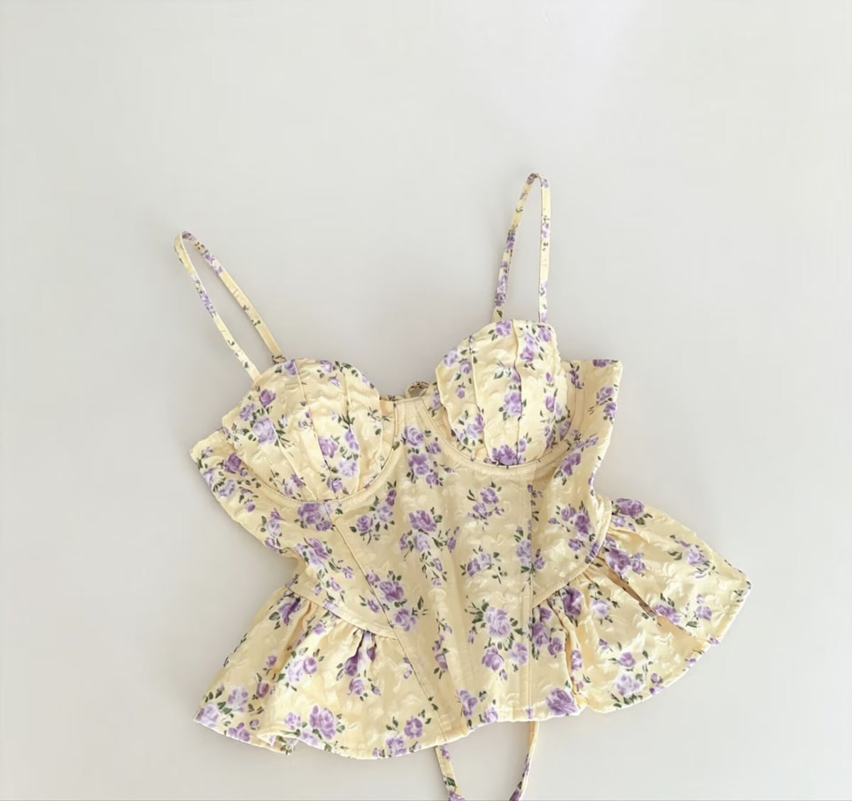2026 Summer European and American floral print fishbone strap dress Low-cut, fitted, ruffled hem, waist-cinching, short, strapless top