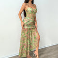 Cross-border foreign trade ins Street style hot girl floral print halter dress with sexy slit and underwire fishbone design11878