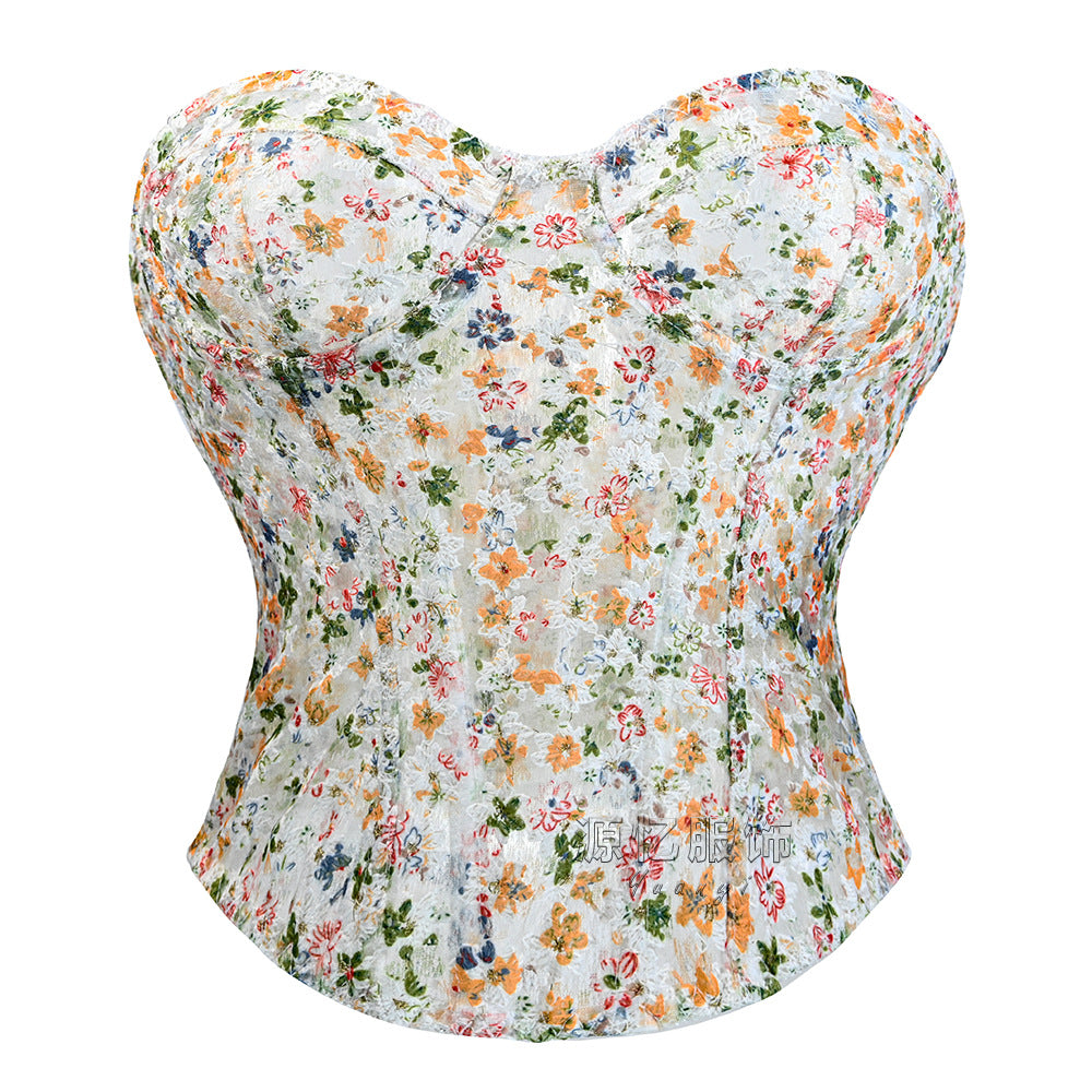 Amazon cross-border European and American fishbone corset, waist-cinching and shaping garment New French floral print, sheer, and figure-hugging corset