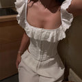 2025New summer French-style, pure and alluring fishbone-patterned, slim-fit, and figure-flattering top with ruffled trim and a square neckline