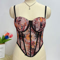 Cross-border foreign trade European and American fishbone tube top, high-end outerwear, small camisole, inner mesh top with chrysanthemum print, fishbone bra