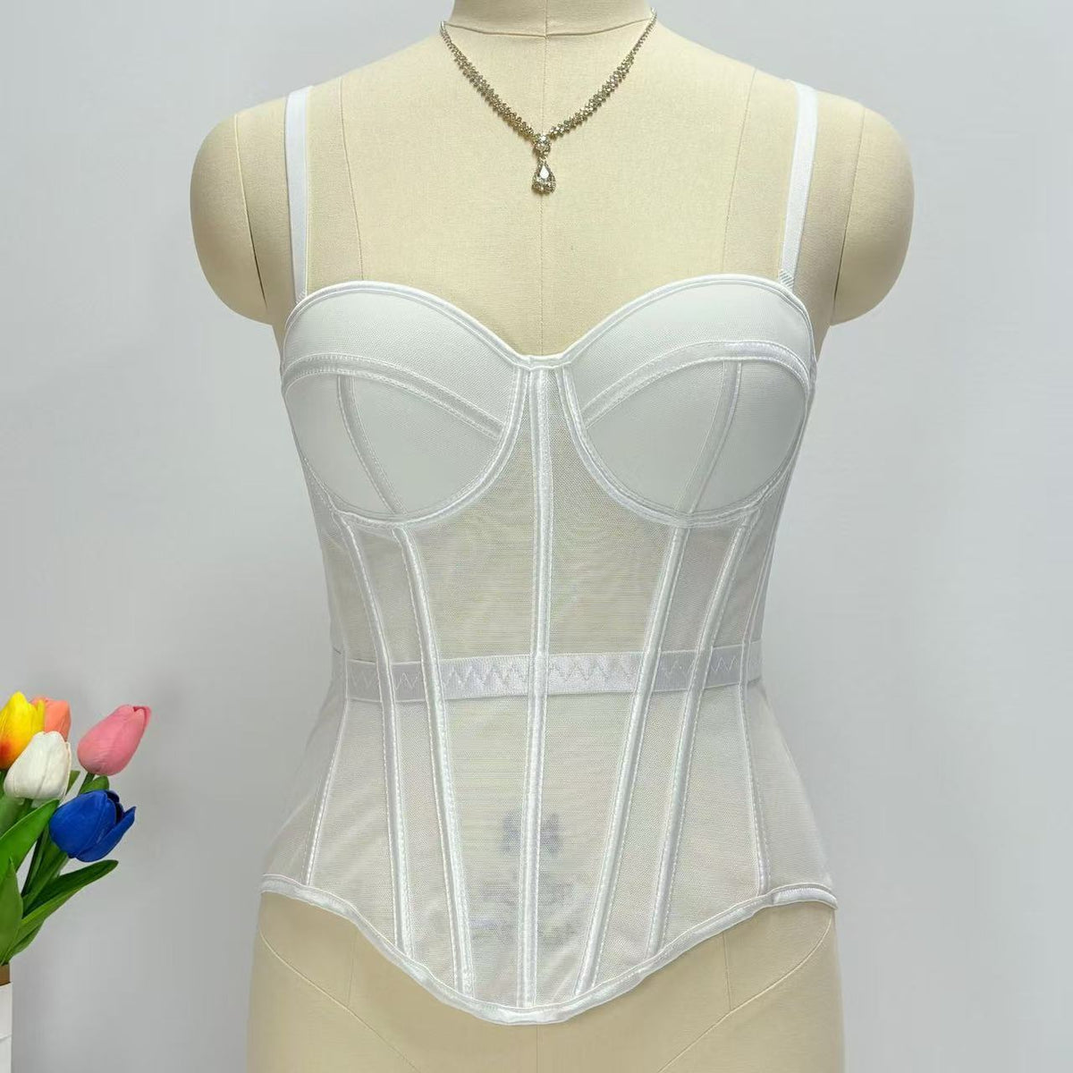 Foreign trade design mesh fishbone corset for women, sexy figure-hugging color-block waist-cinching slimming top with straps