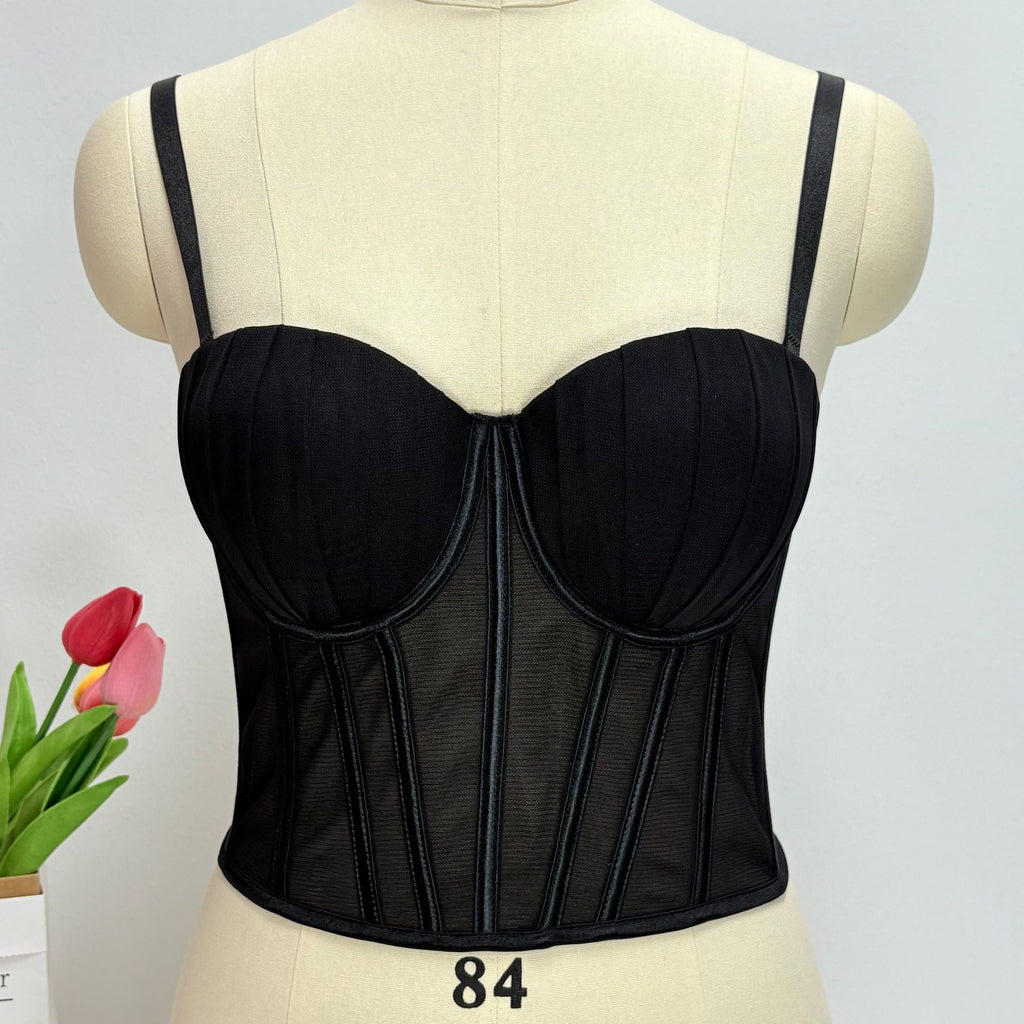 Cross-border high-end mesh ultra-short pleated strapless fishbone corset top for women, a stylish camisole to wear over other clothes